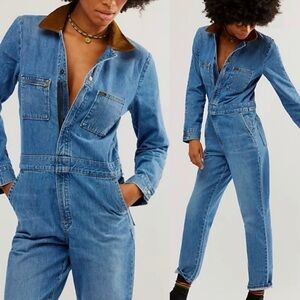 Free People Denim Jumpsuit with Brown Collar